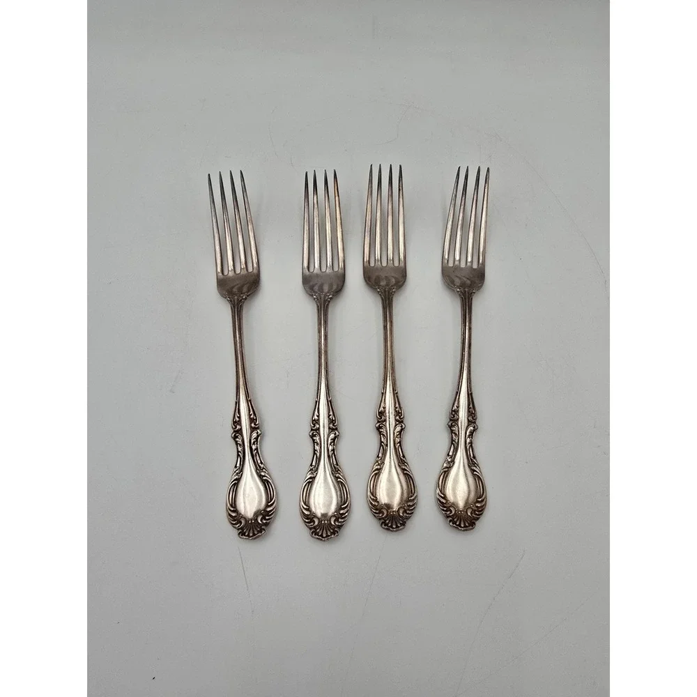 4 Antique Wilcox Silver Plate Co JOANNE forks Ornate Scroll XII Edwardian